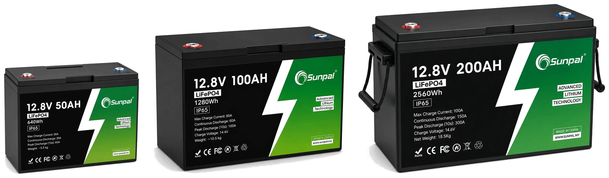 Sunpal 12.8V LiFePO4 deep-cycle batteries: 50Ah, 100Ah and 200Ah