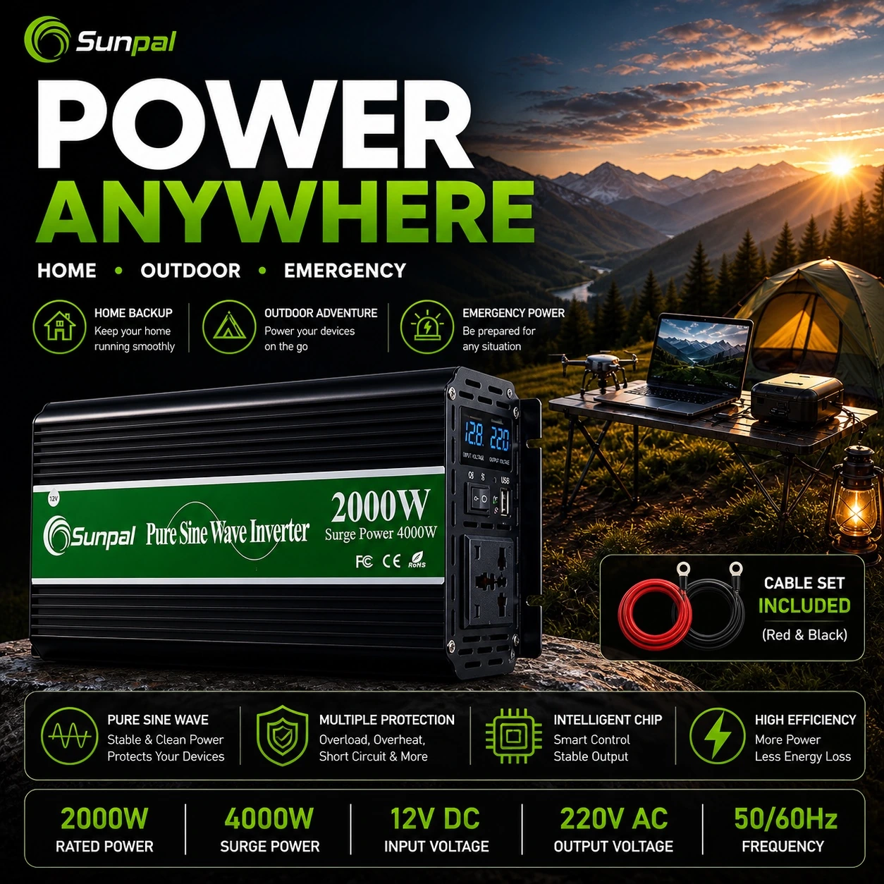 Sunpal 2000W 12V Pure Sine Wave Inverter Malaysia 220V AC