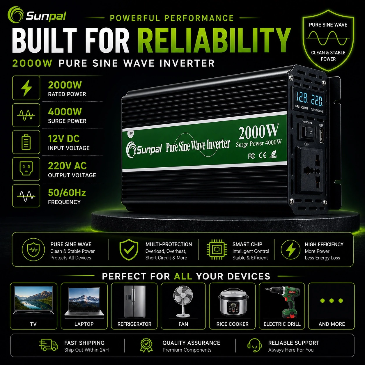 Sunpal 2000W 12V Pure Sine Wave Inverter Malaysia 220V AC