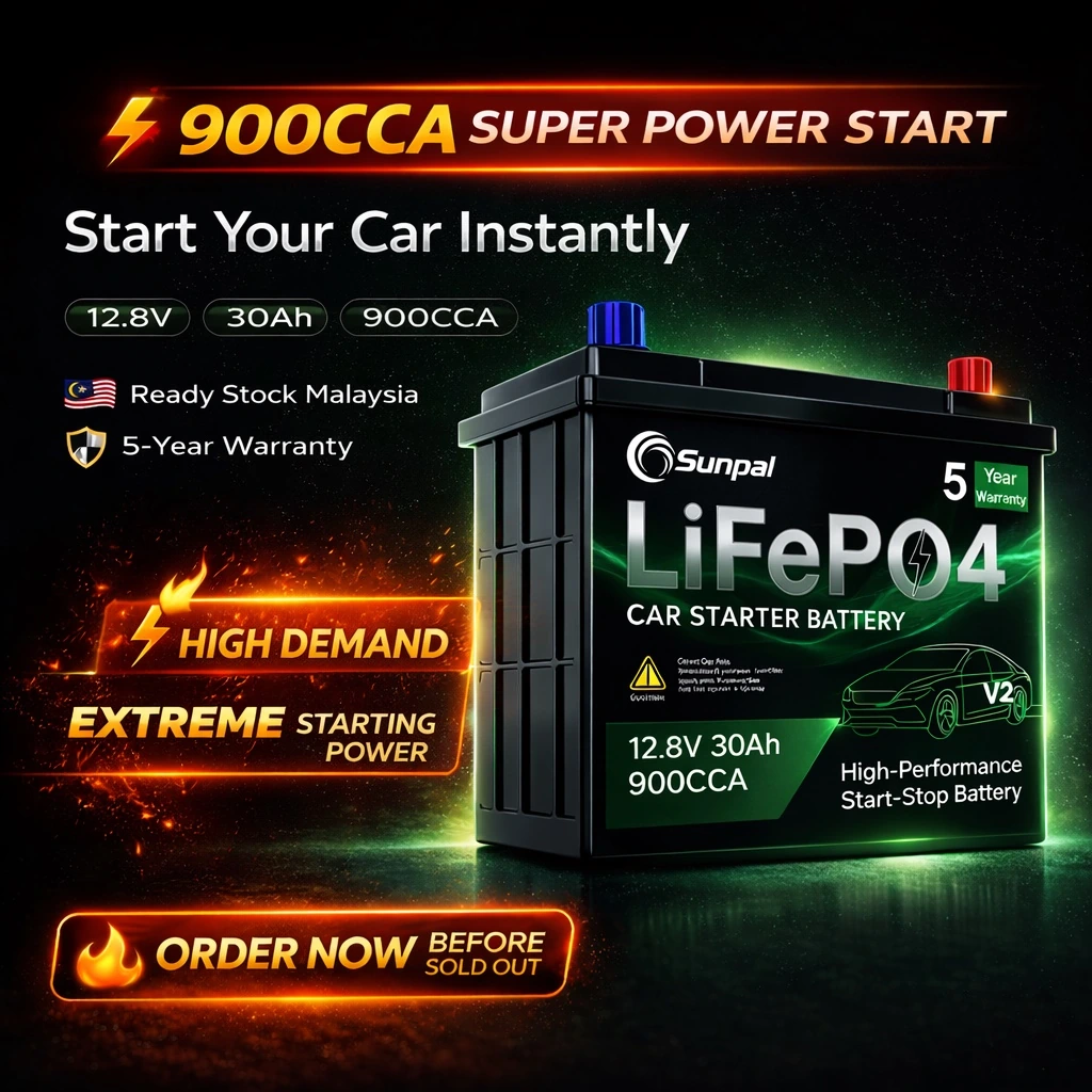 Sunpal 12V 30Ah LiFePO4 Lithium Car Battery 900cca High Performance Starter Battery Malaysia