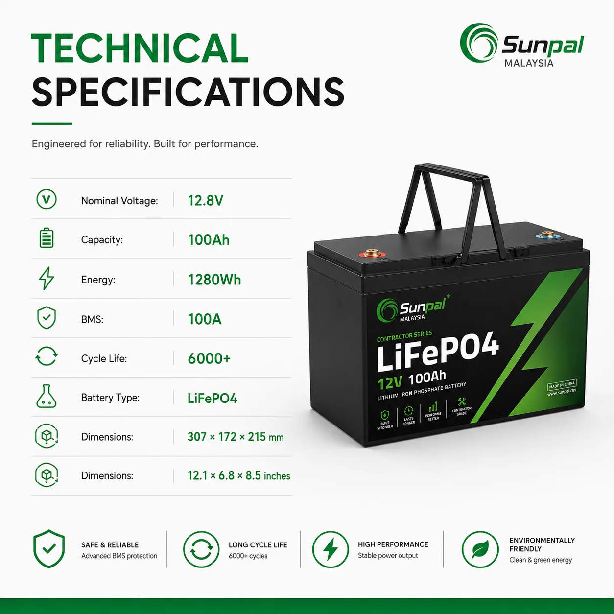 Sunpal 12V 100Ah LiFePO4 Contractor Series Battery Malaysia