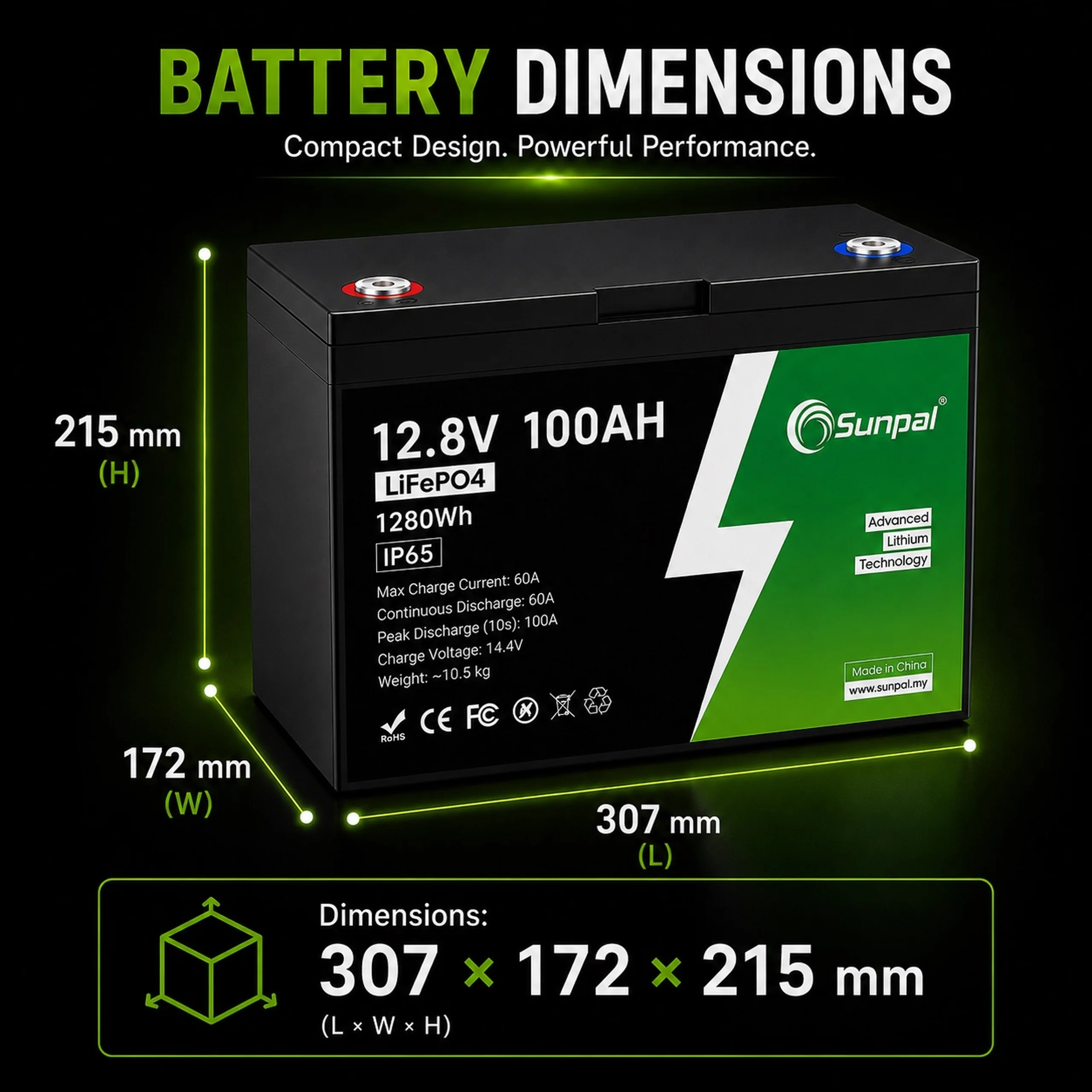 Sunpal 12V 100Ah LiFePO4 Lithium Battery Deep Cycle Smart BMS Malaysia