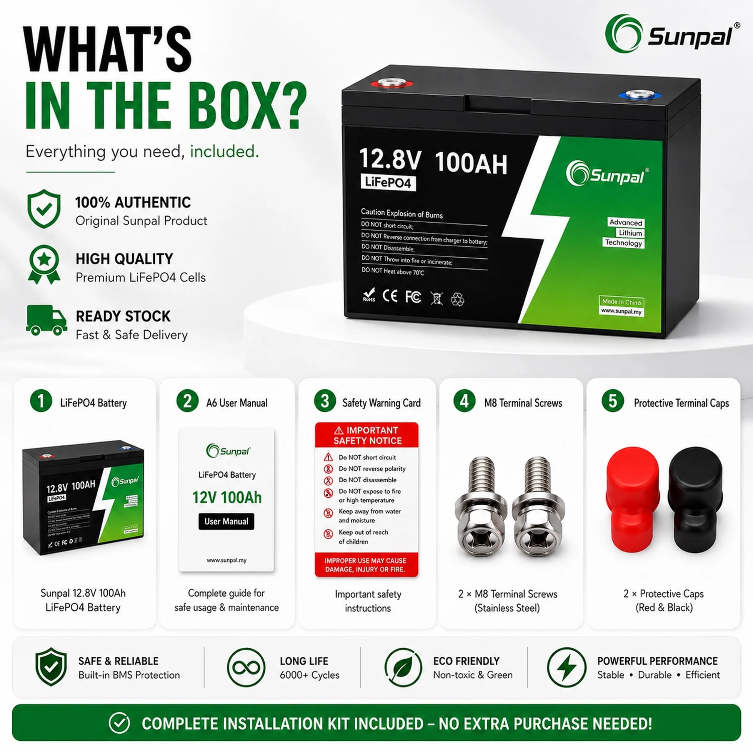 Sunpal 12V 100Ah LiFePO4 Lithium Battery Deep Cycle Smart BMS Malaysia