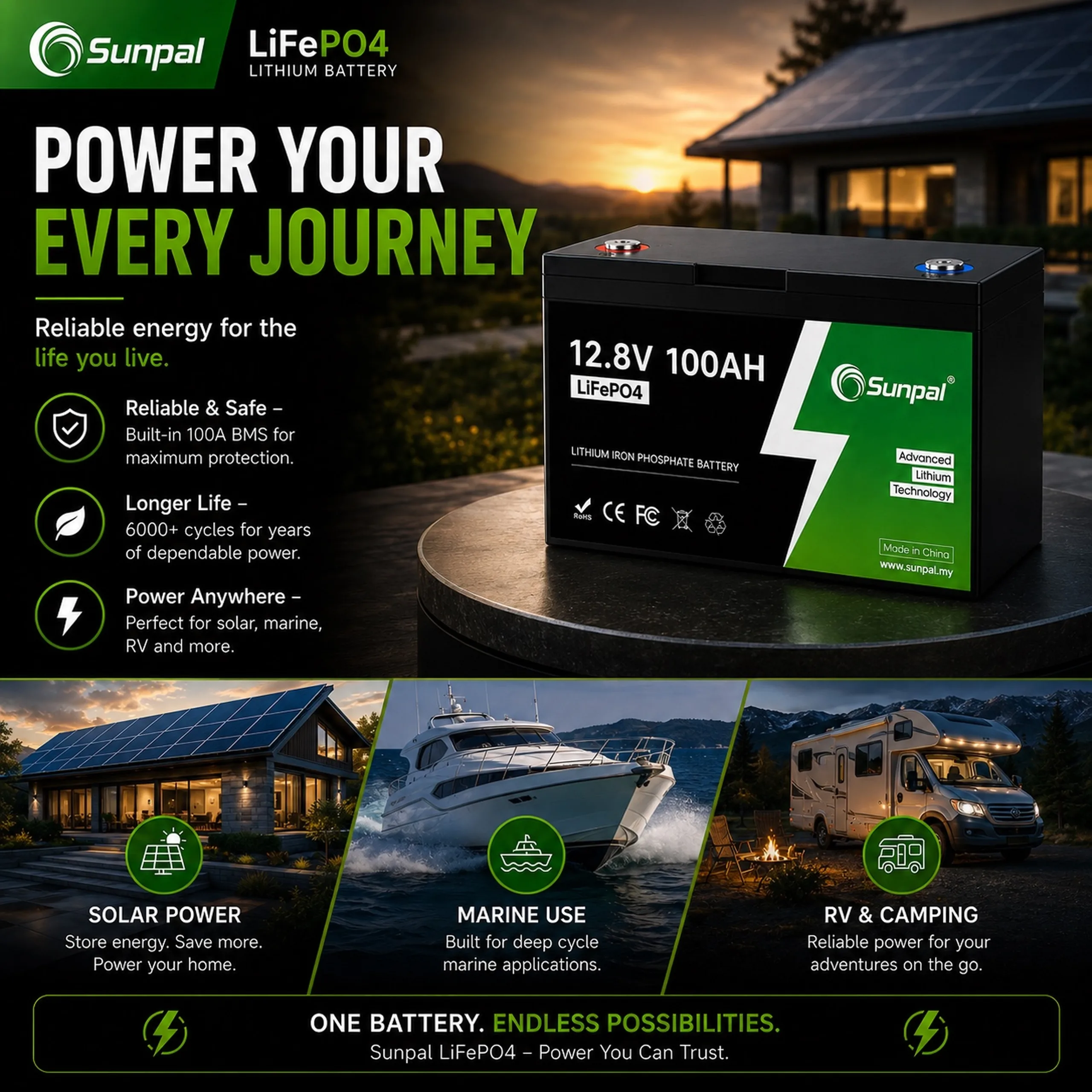 Sunpal 12V 100Ah LiFePO4 Lithium Battery Deep Cycle Smart BMS Malaysia