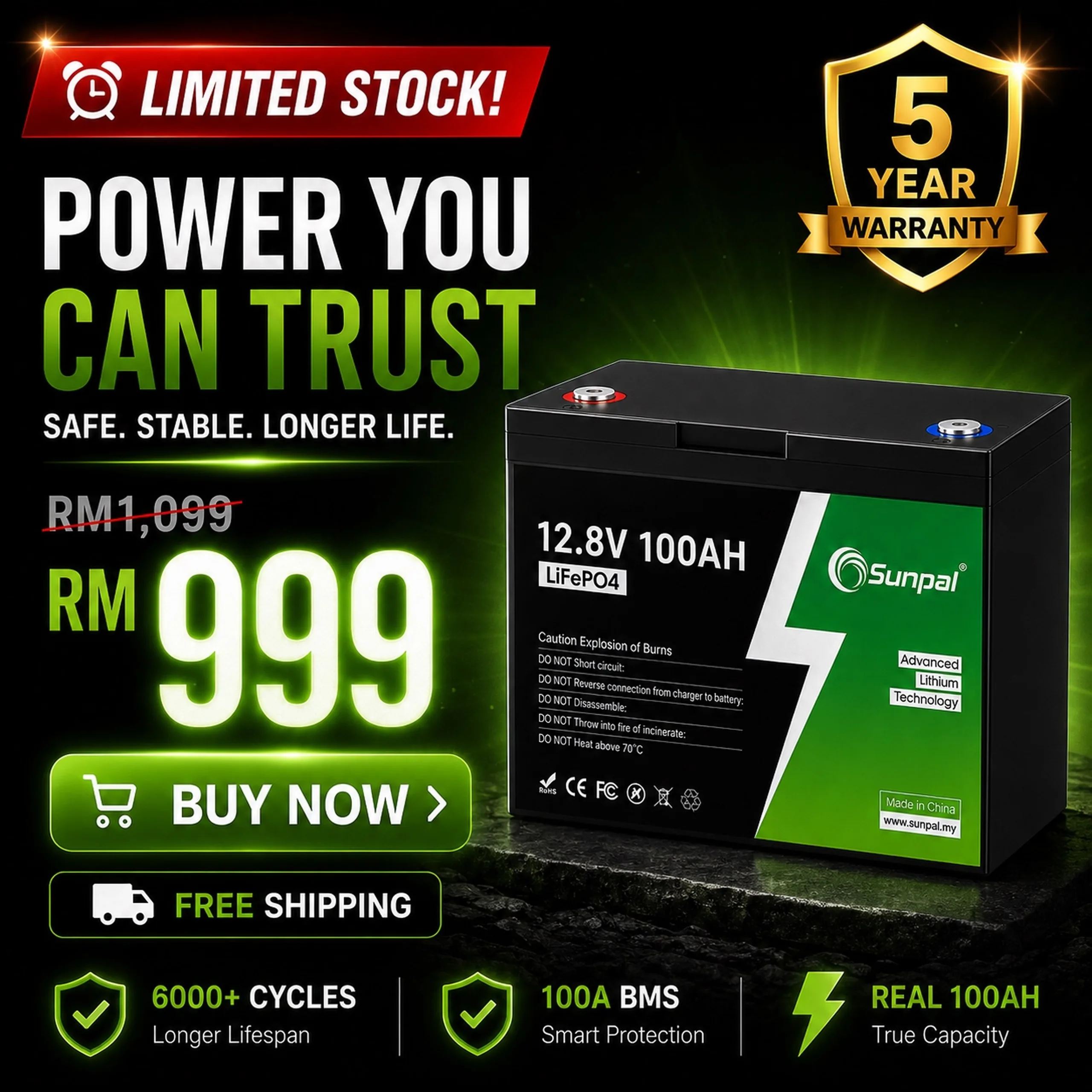 Sunpal 12V 100Ah LiFePO4 Lithium Battery Deep Cycle Smart BMS Malaysia