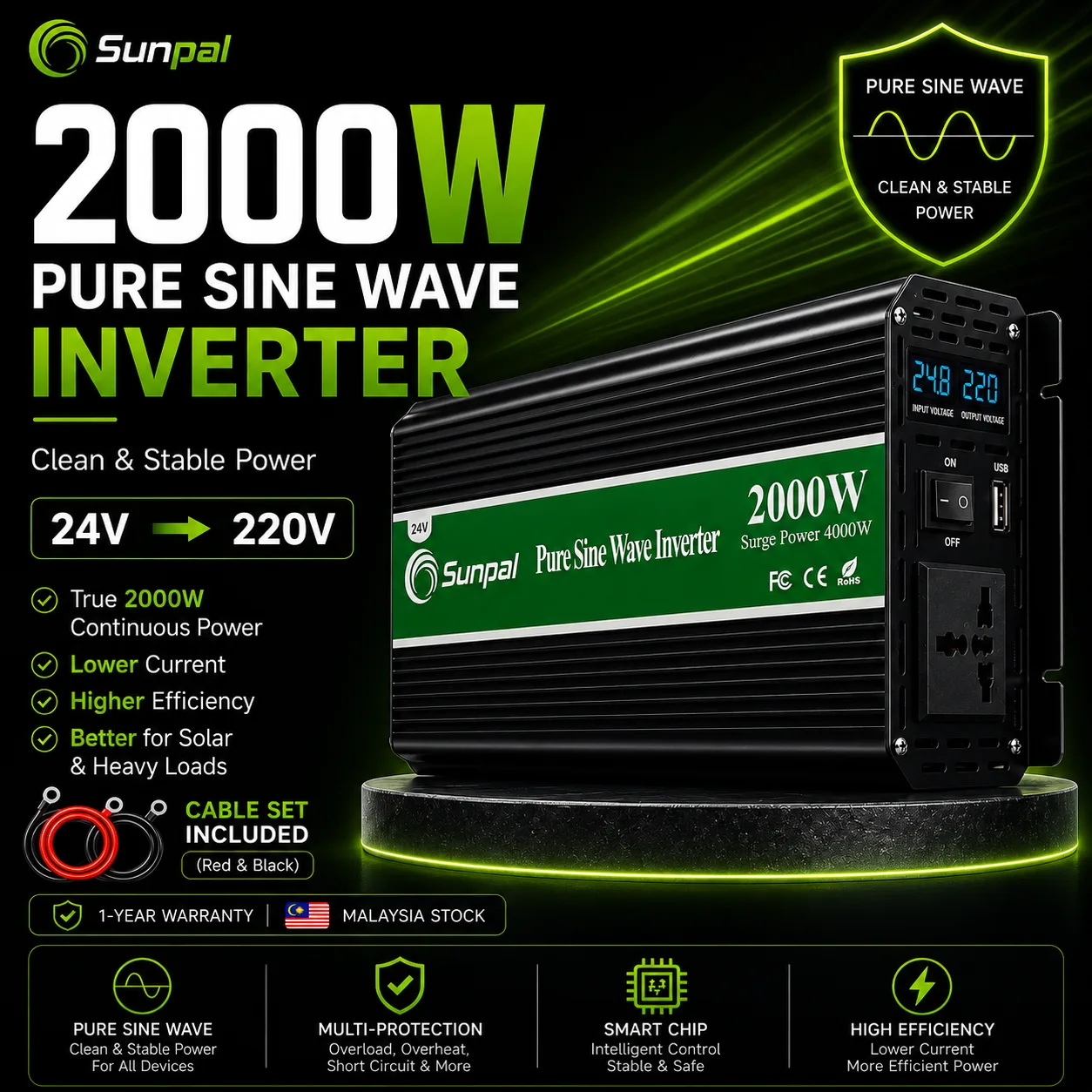 Sunpal 2000W 24V Pure Sine Wave Inverter Malaysia 220V AC