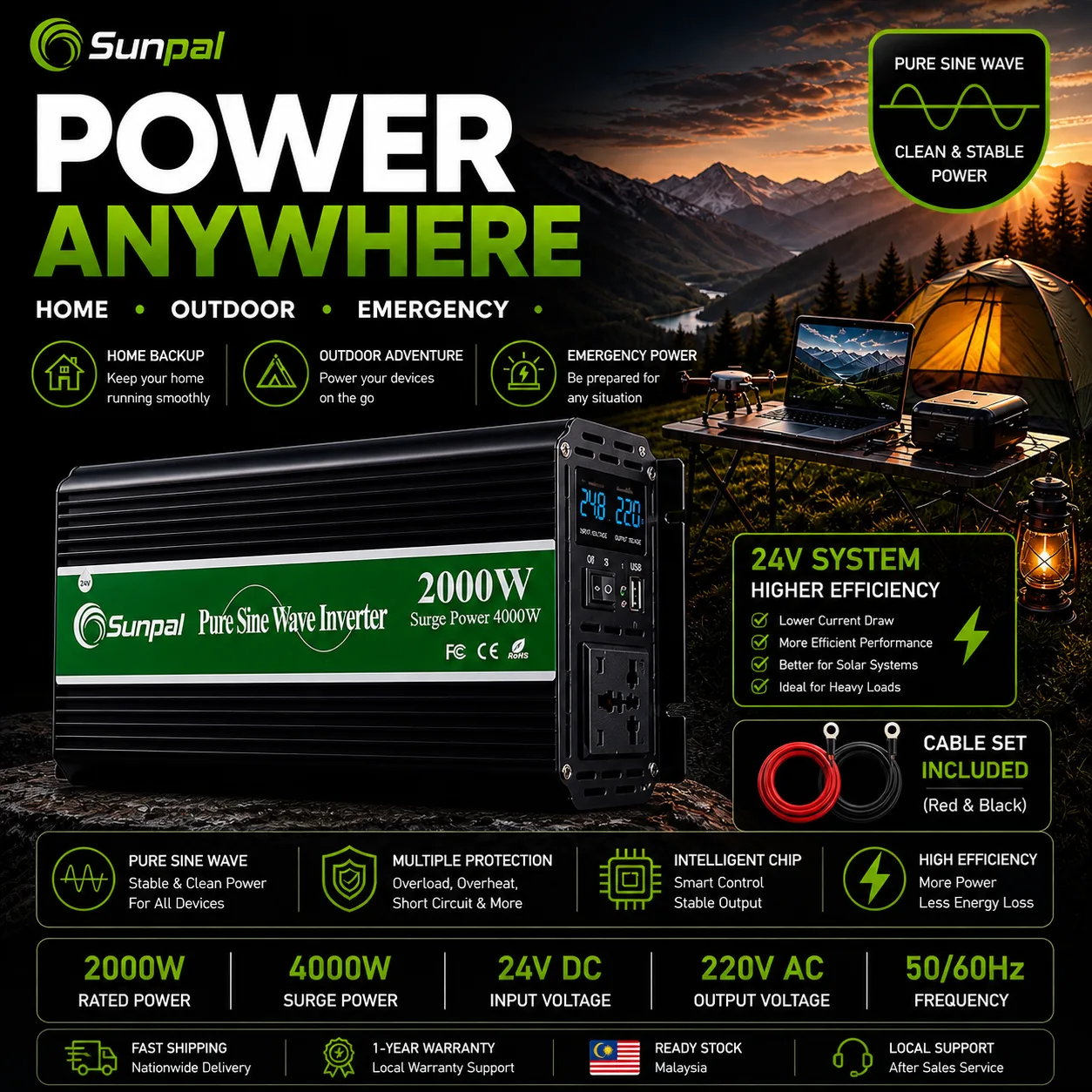 Sunpal 2000W 24V Pure Sine Wave Inverter Malaysia 220V AC