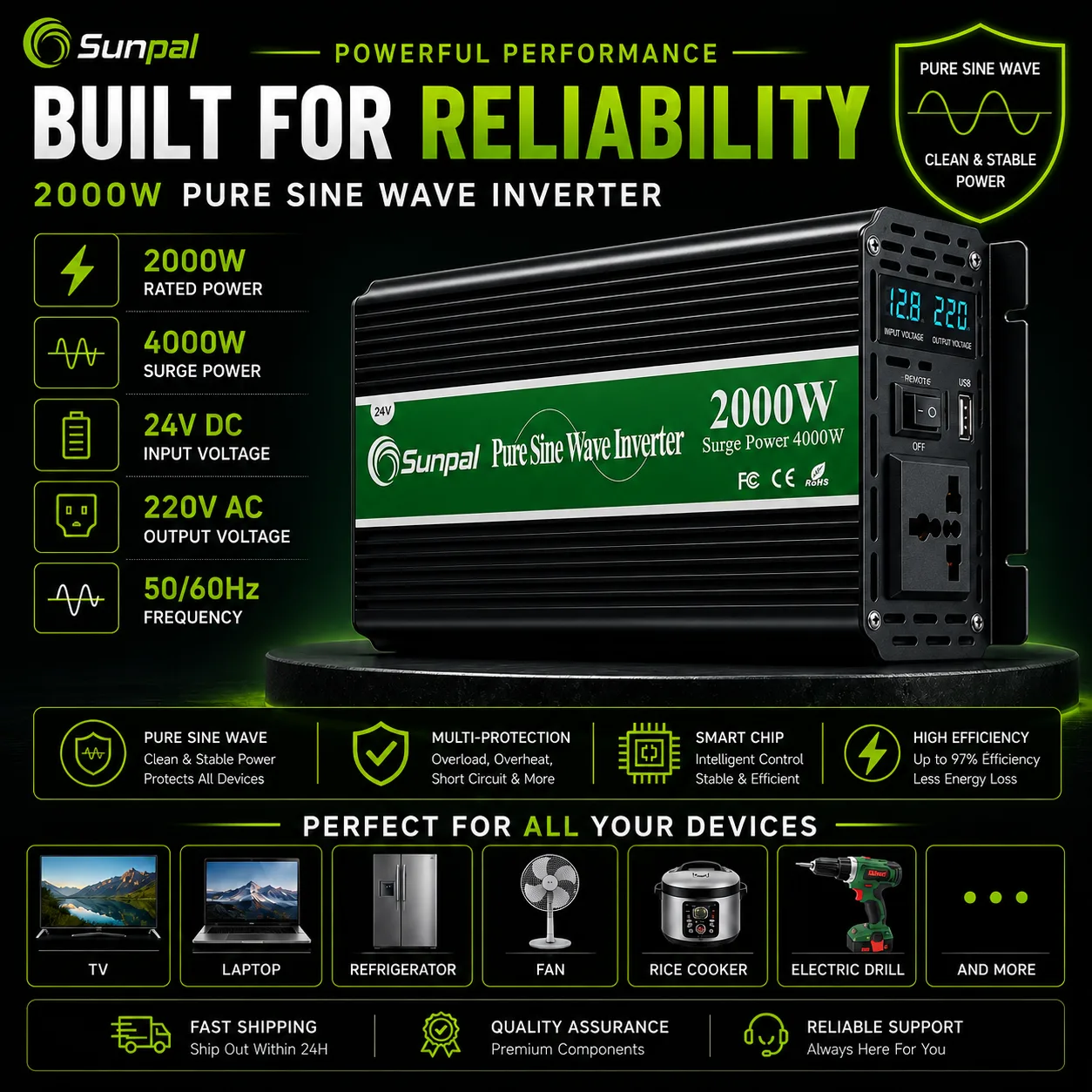 Sunpal 2000W 24V Pure Sine Wave Inverter Malaysia 220V AC